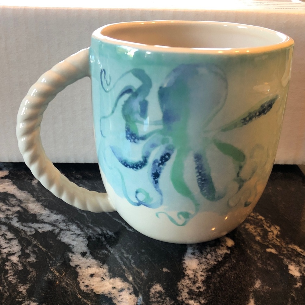 Tag Ceramic Mug with Blue Script and Cream Handle